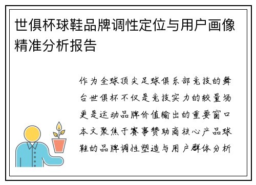 世俱杯球鞋品牌调性定位与用户画像精准分析报告