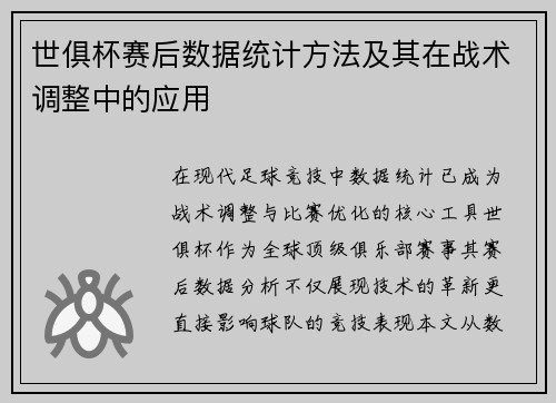 世俱杯赛后数据统计方法及其在战术调整中的应用